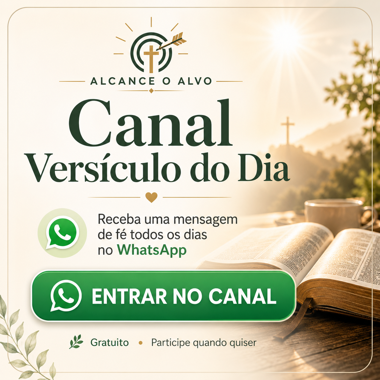 Banner do Canal Versículo do Dia do projeto Alcance o Alvo, com Bíblia aberta e convite para receber mensagens de fé diariamente pelo WhatsApp.