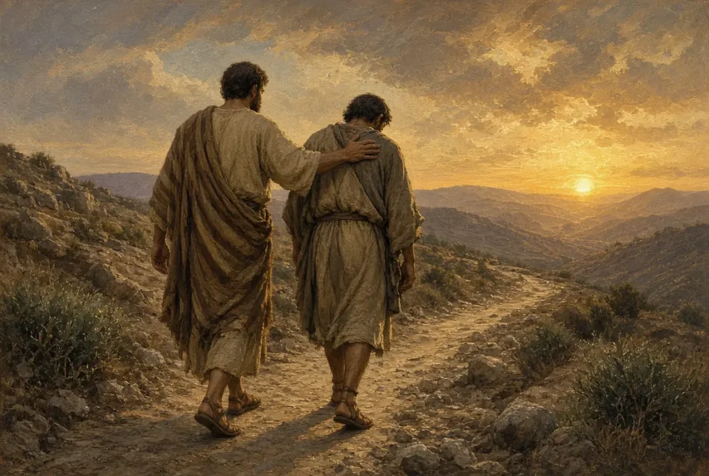 Dois homens caminhando juntos em um momento de apoio e companheirismo.