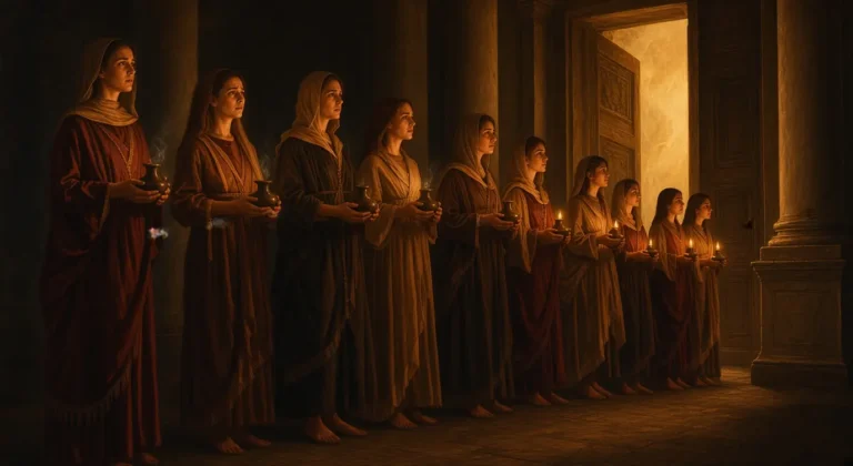 Parábola das Dez Virgens com lamparinas diante da porta