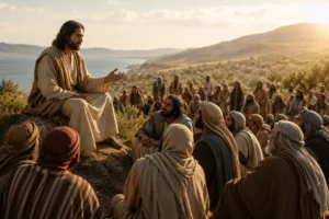 Jesus ensinando seus discípulos e uma multidão por meio de parábolas