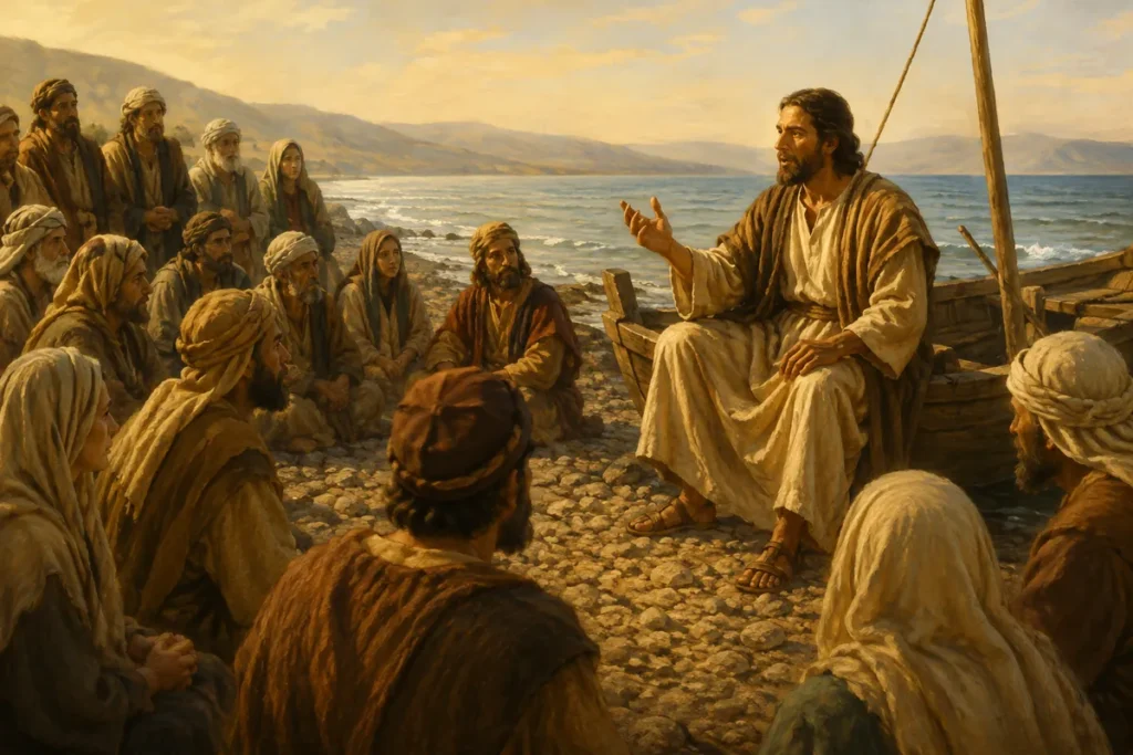 Jesus ensinando uma multidão à beira do mar da Galileia
