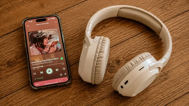 Fone de ouvido e celular reproduzindo música sobre uma mesa de madeira.