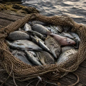 Rede de pesca cheia de diferentes tipos de peixes