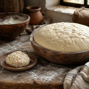 Pequena porção de fermento ao lado de uma massa de pão crescida