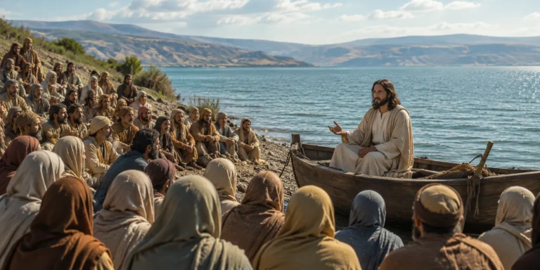 Jesus Cristo ensinando as parábolas do Reino de Deus a uma multidão no primeiro século