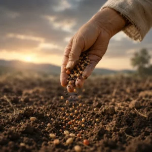 Mão de um semeador espalhando sementes sobre a terra
