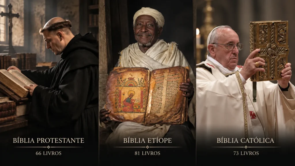 Bíblia Protestante, Bíblia Etíope e Bíblia Católica representadas lado a lado