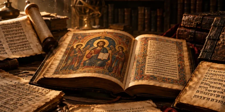 Livros apócrifos e manuscritos antigos ao redor de uma Bíblia aberta