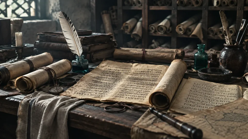 Imagem com pergaminhos, textos em papiro, caneta em pena, representando como eram os primeiros livros ou escritos.